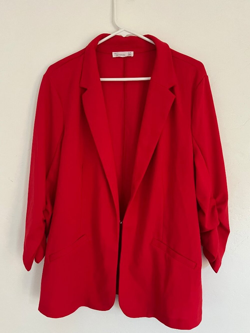 89th + Madison Vibrant Red Open-Front Blazer - Ruched 3/4 Sleeves Size XL
